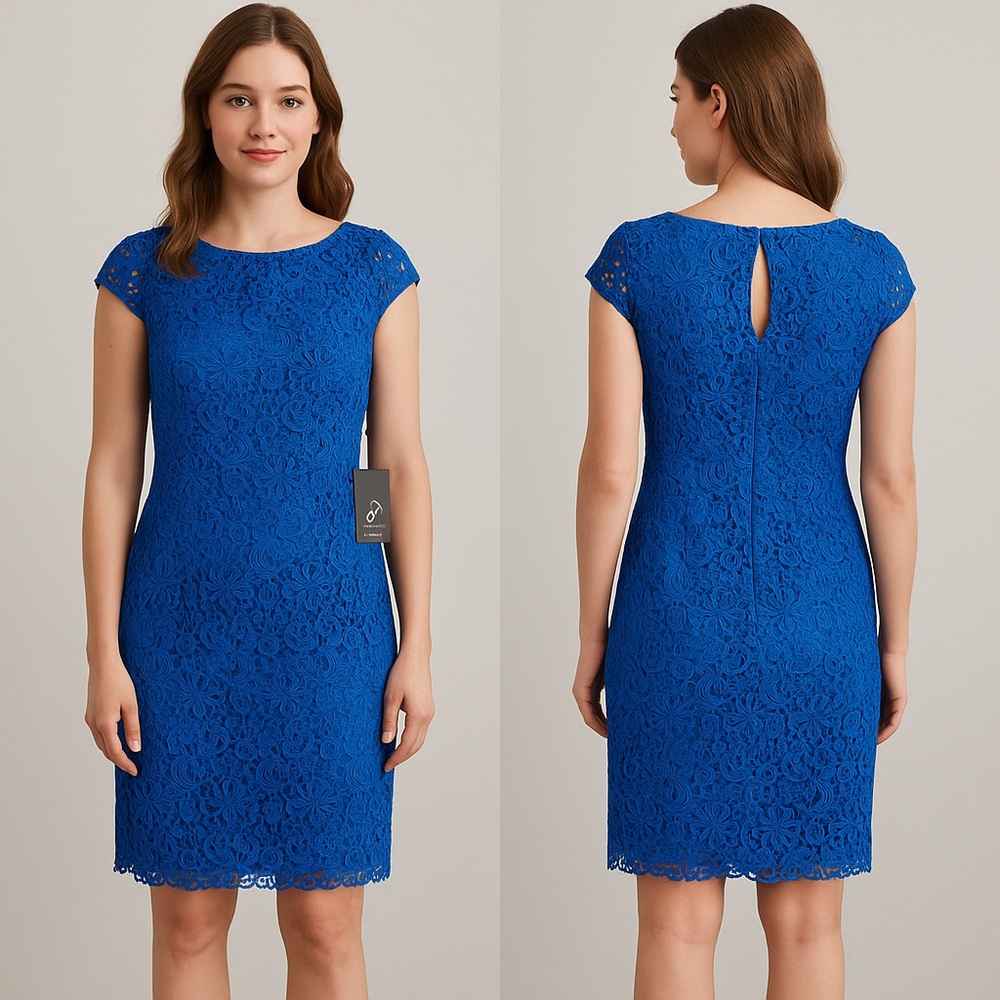 Adrianna Papell Lace Cap Sleeve Dress Blue Size 8 - Elegant Party Dress